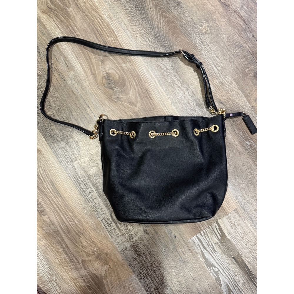 Victoria's Secret Black Pebbled Faux Leather Chain Drawstring Bucket Bag - Picture 3 of 3